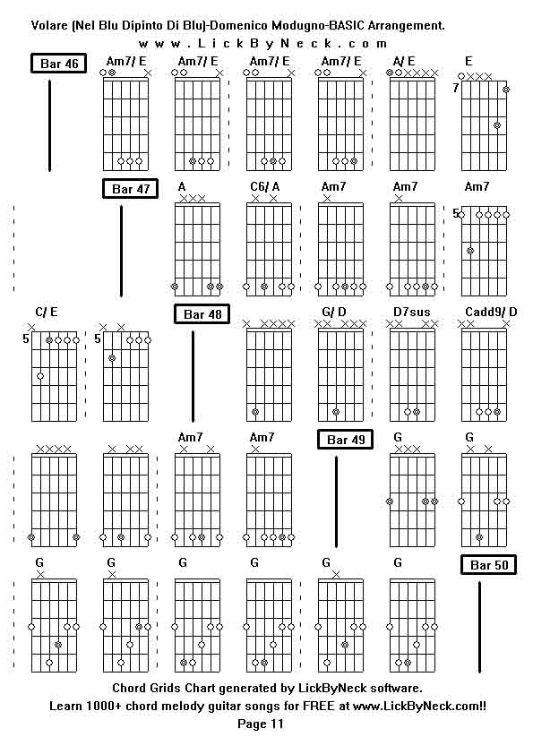 Chord Grids Chart of chord melody fingerstyle guitar song-Volare (Nel Blu Dipinto Di Blu)-Domenico Modugno-BASIC Arrangement,generated by LickByNeck software.